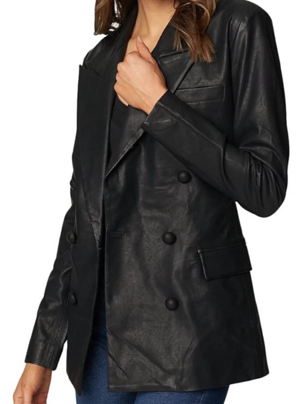 Blank NYC Black Double-Breasted Faux Leather Blazer